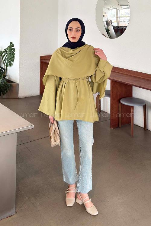 Lamelif Şallı Bluz Yağ Yeşili