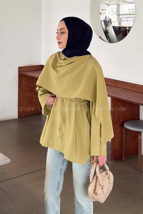 Lamelif Şallı Bluz Yağ Yeşili