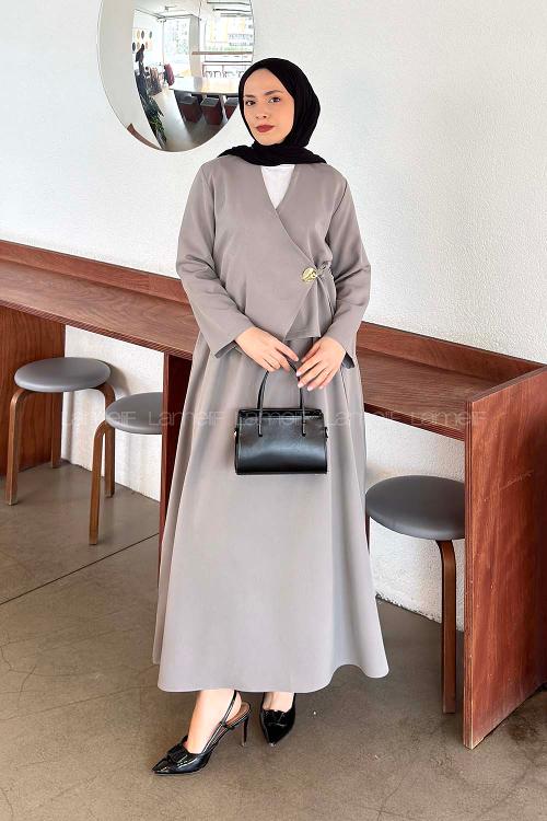 Lamelif Yan Bağlama Detaylı Etekli Takım Gri