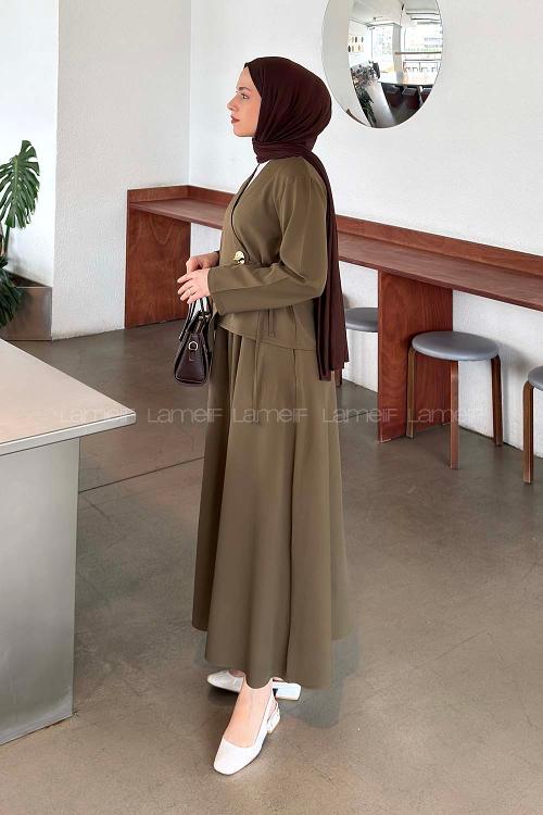 Lamelif Yan Bağlama Detaylı Etekli Takım Haki