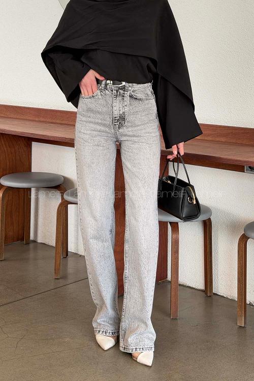 Lamelif Yüksek Bel Straight Leg Pantolon Açık Gri