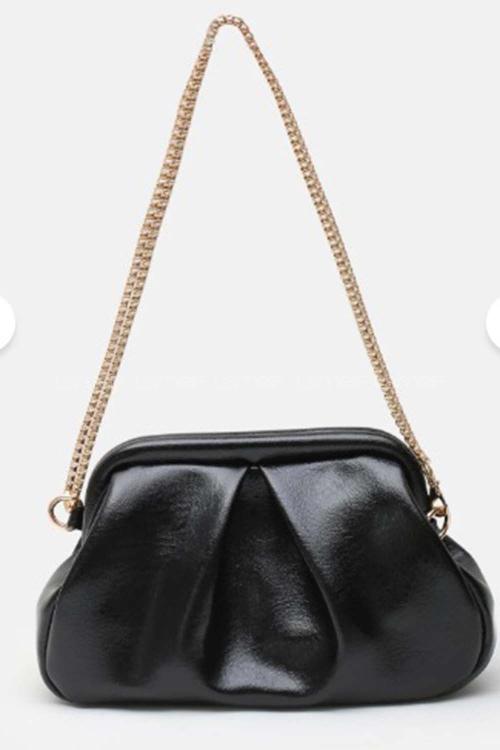 Lamelif Clutch Form Uzun Askılı Degas Kadın Çanta Parlak Siyah