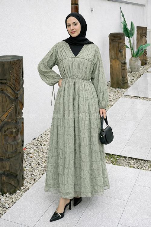 Lamelif Gofreli Bağcık Detaylı Tesettür Elbise Mint Yeşili