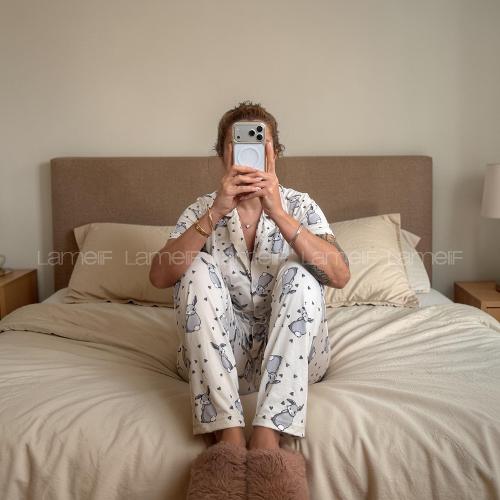 Lamelif Kadın Milan Soft Touch Ön Düğmeli Tavşan Pijama Takımı