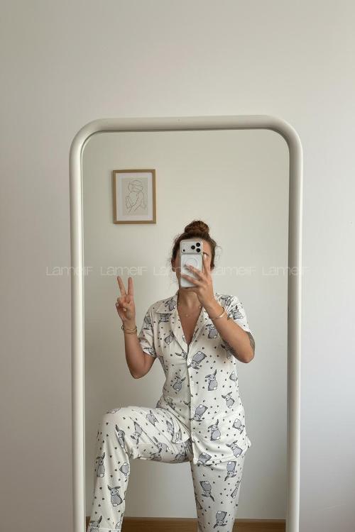 Lamelif Kadın Milan Soft Touch Ön Düğmeli Tavşan Pijama Takımı