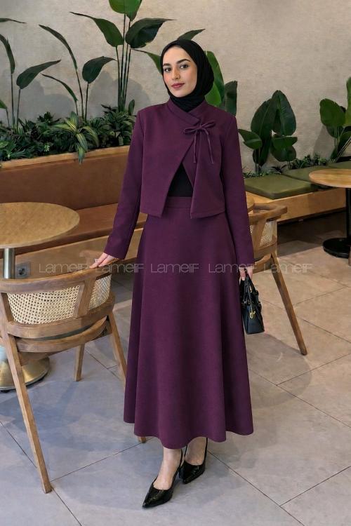 Lamelif Yaka Bağlama Detaylı Ceket-Etek Takım Mürdüm