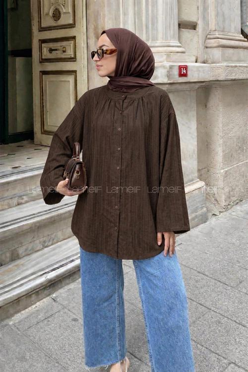 Lamelif Çizgi Detaylı Oversize Tesettür Gömlek Acı Kahve