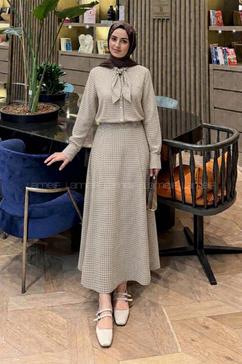 Lamelif Ekose Desen Kravat Yaka Takım Yağ Yeşili