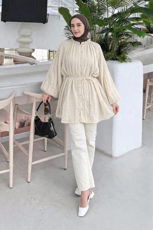 Lamelif Fırfır Yaka Krinkle Tunik Bej
