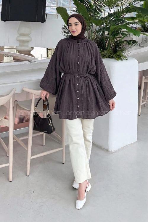 Lamelif Fırfır Yaka Krinkle Tunik Koyu Kahverengi