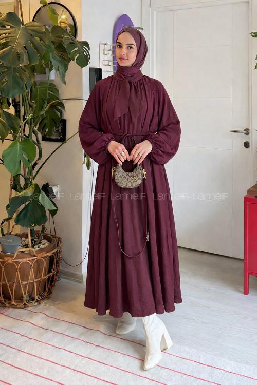 Lamelif Fular Yaka Bağlamalı Tesettür Elbise Mürdüm