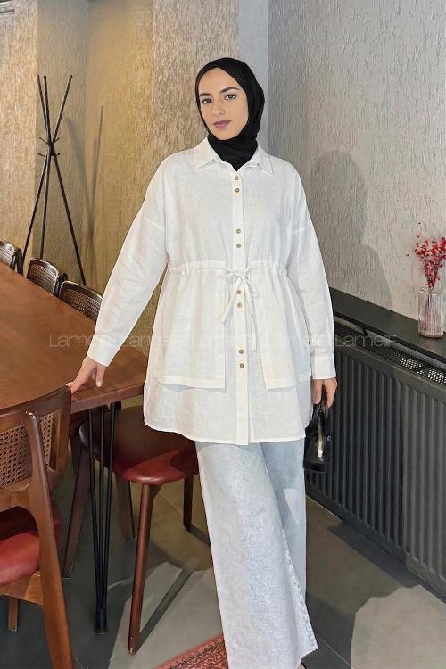 Lamelif Beli Büzgülü Düğme Detaylı Gömlek Beyaz