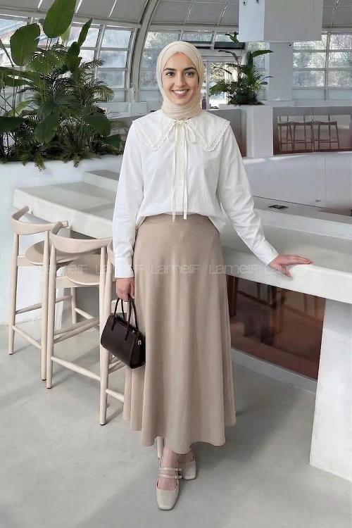 Lamelif Çiçek Detaylı Bebe Yaka Gömlek Beyaz