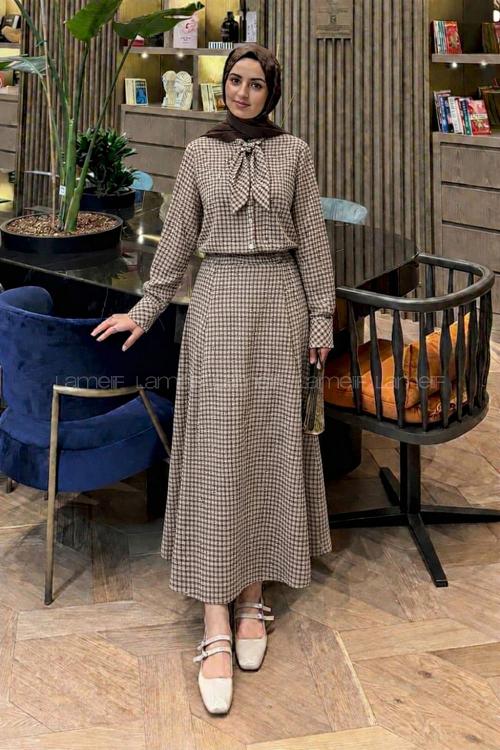 Lamelif Ekose Desen Kravat Yaka Takım Mürdüm