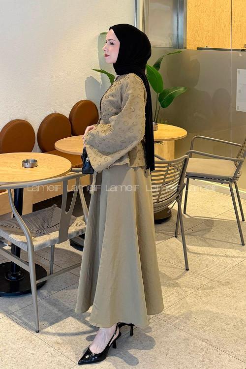 Lamelif Kabartma Nakış İşlemeli Takım Haki