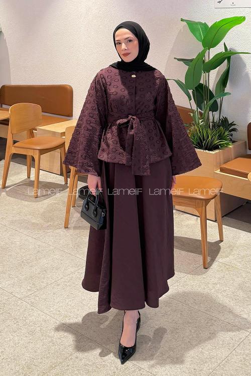 Lamelif Kabartma Nakış İşlemeli Takım Mürdüm