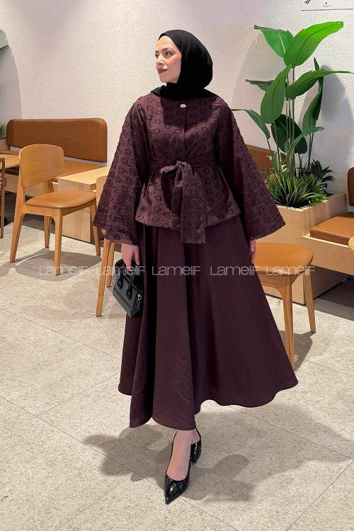 Lamelif Kabartma Nakış İşlemeli Takım Mürdüm