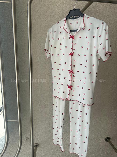 Lamelif Kadın Kiraz Desenli Fiyonk Özel Dikiş Pijama Takımı
