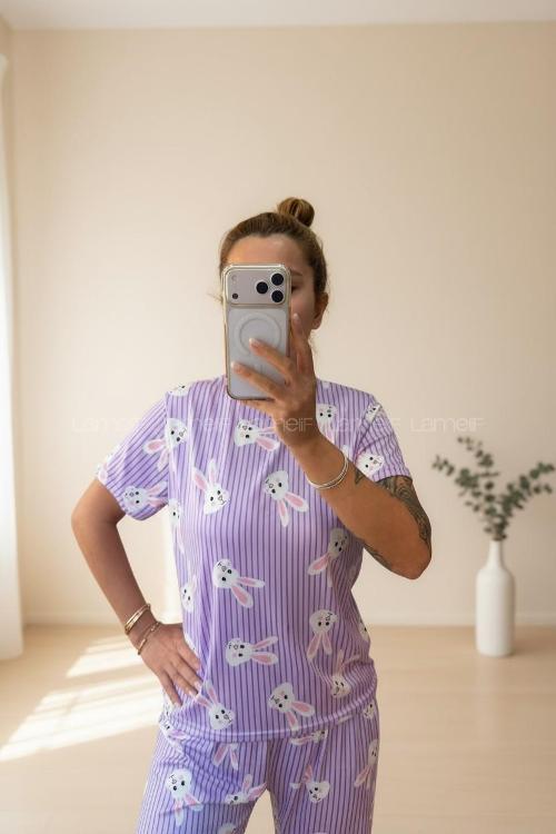 Lamelif Kadın Milan Kumaş  Tavşan   Desenli Pijama Takımı