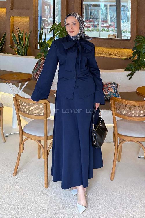 Lamelif Kravat Yaka Tesettür Takım Lacivert