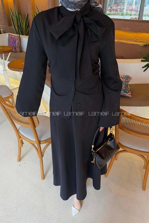Lamelif Kravat Yaka Tesettür Takım Siyah