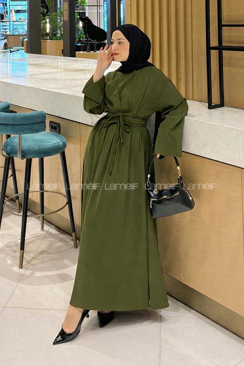 Lamelif Nora Bağcıklı Tesettür Elbise Haki