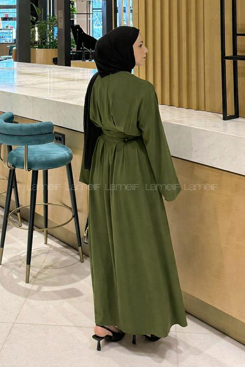 Lamelif Nora Bağcıklı Tesettür Elbise Haki