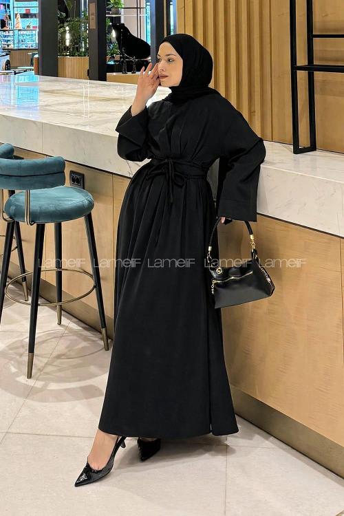 Lamelif Nora Bağcıklı Tesettür Elbise Siyah