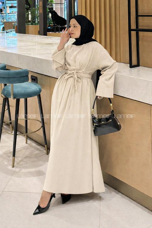 Lamelif Nora Bağcıklı Tesettür Elbise Taş Rengi
