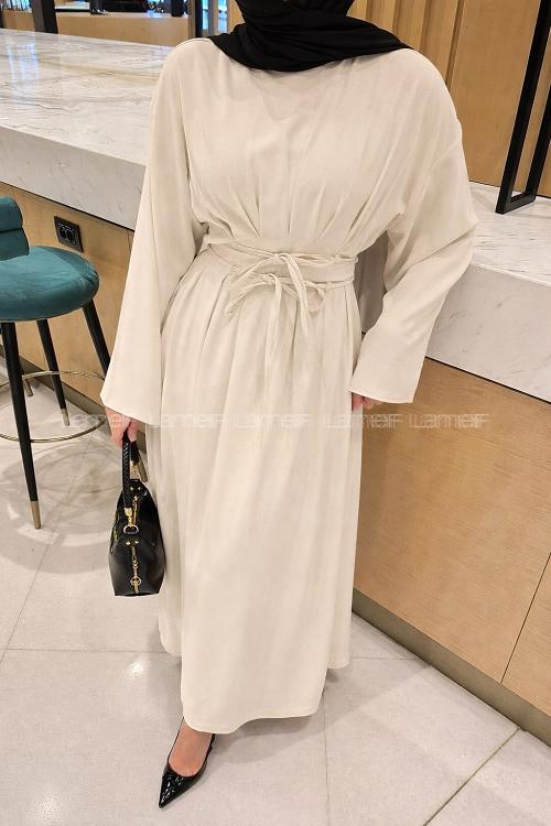 Lamelif Nora Bağcıklı Tesettür Elbise Taş Rengi