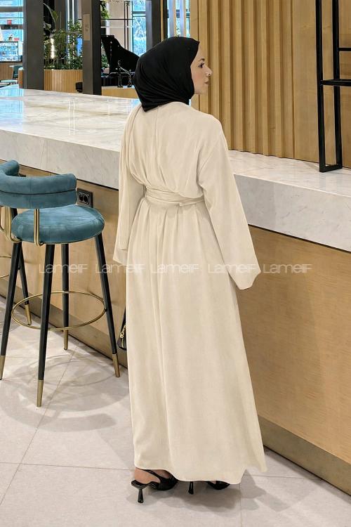 Lamelif Nora Bağcıklı Tesettür Elbise Taş Rengi