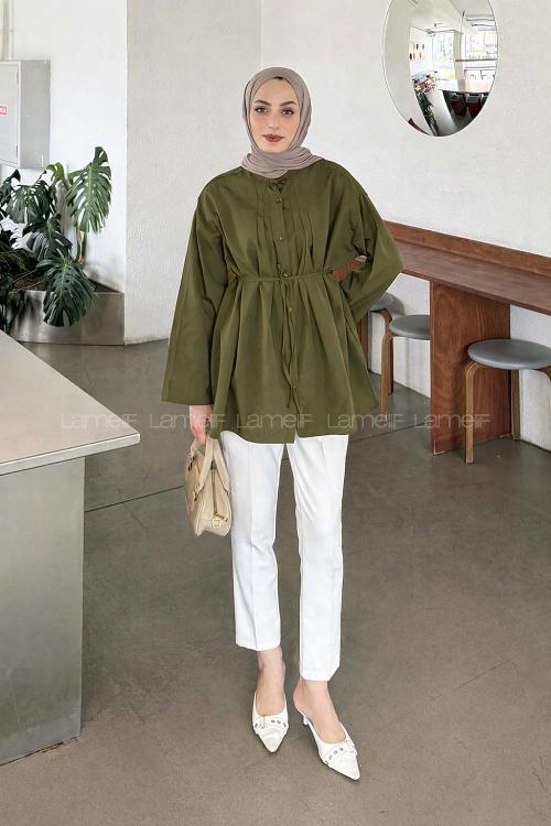 Khaki Crew Neck Long Arm Cotton Unprinted Shirt