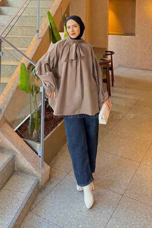 Lamelif Yaka Fular Detaylı Gömlek Soft Kahve