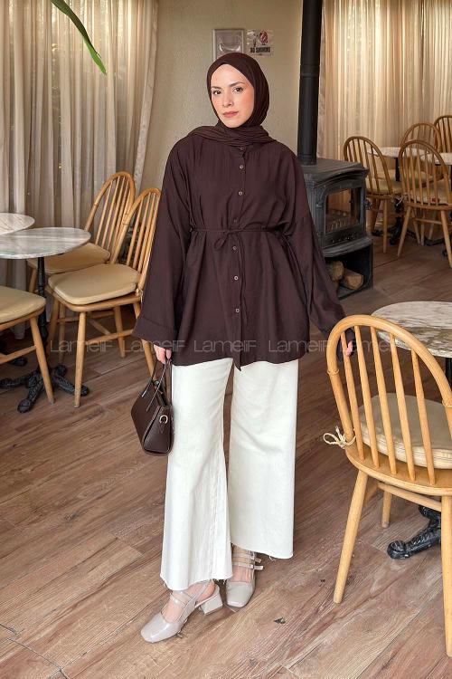 Lamelif Bağlama Detaylı Yırtmaçlı Gömlek Acı Kahve