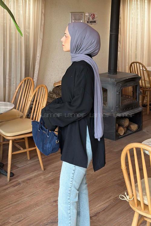 Black Shirt Collar Long Arm Viscose Fabric Shirt