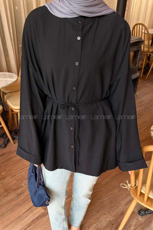 Black Shirt Collar Long Arm Viscose Fabric Shirt
