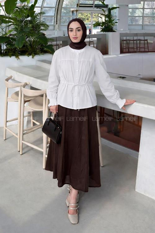 Lamelif Büzgü Detaylı Bağlamalı Gömlek Beyaz