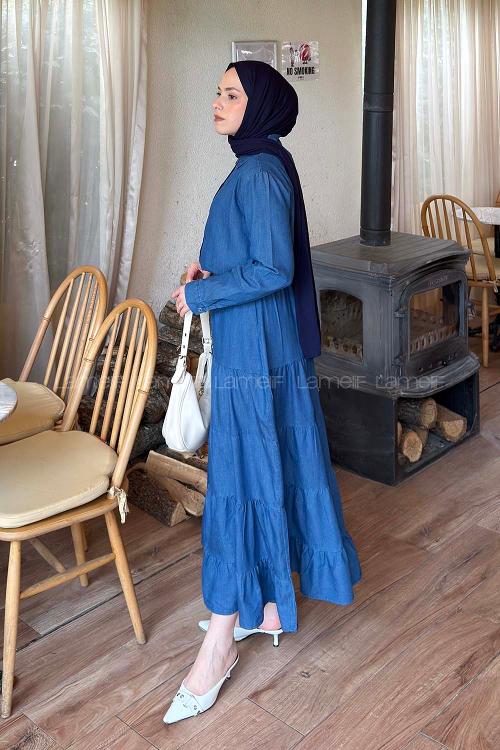 Lamelif Fırfırlı Elbise Koyu Mavi
