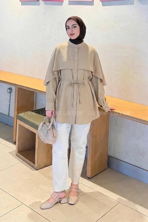 Lamelif Hakim Yaka Pelerinli Gömlek Bej