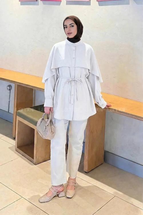 Lamelif Hakim Yaka Pelerinli Gömlek Beyaz