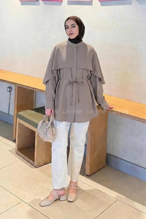 Lamelif Hakim Yaka Pelerinli Gömlek Vizonrengi