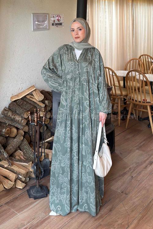 Lamelif Katleye Desenli Tesettür Elbise Haki