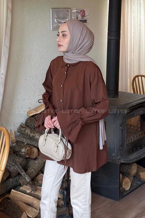 Lamelif Kol Tünel İp Detaylı Gömlek Acı Kahve