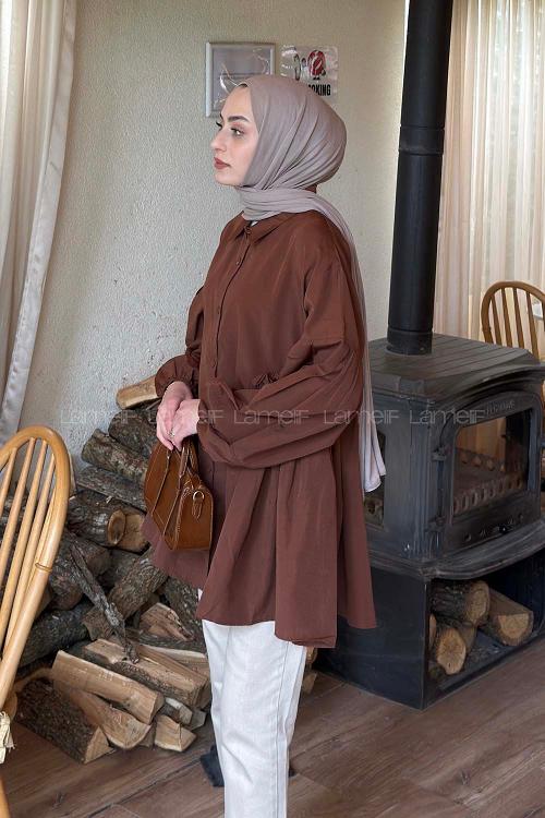 Bitter Brown Shirt Collar Linen Tunic