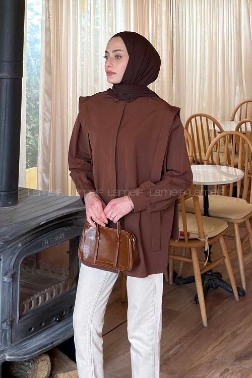 Lamelif Omuz Vatka Detaylı Tesettür Gömlek Acı Kahve