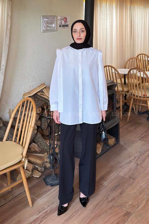 Lamelif Omuz Vatka Detaylı Tesettür Gömlek Beyaz