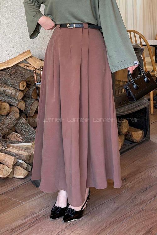 Lamelif Pileli Kemerli Etek Soft Kahve