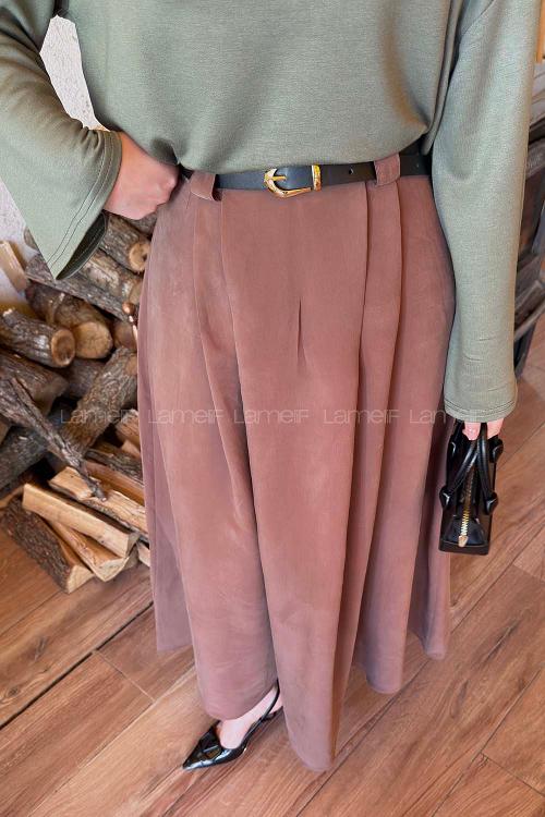 Lamelif Pileli Kemerli Etek Soft Kahve