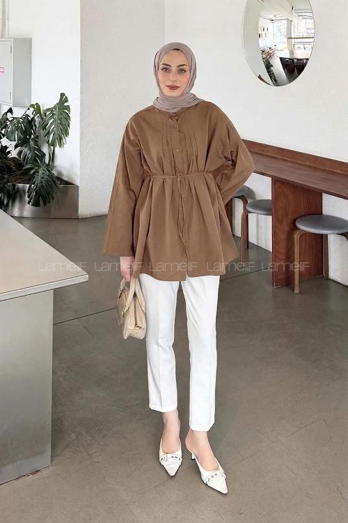 Lamelif Piliseli Geniş Kol Gömlek Soft Kahve