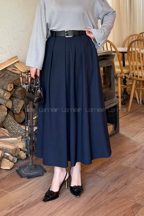Lamelif Poliviskon Kemerli Etek Lacivert